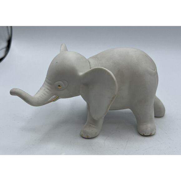 Figurines Elephant Gray Porcelain Bisque Gold Trim Eyes Tucks Toe Nails 3 x 4" - Picture 1 of 6